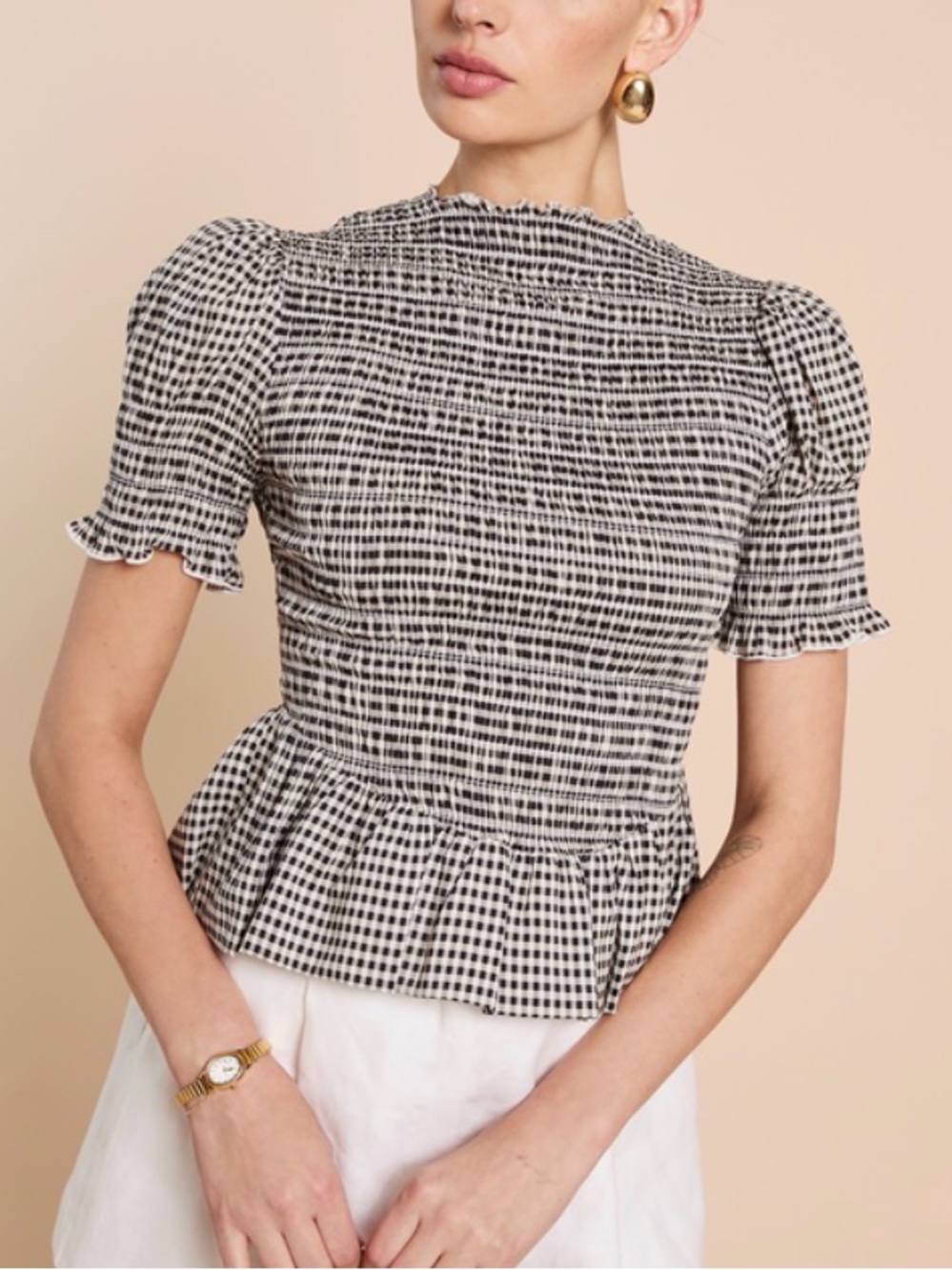 Black and White Gingham Peplum Smocked Top